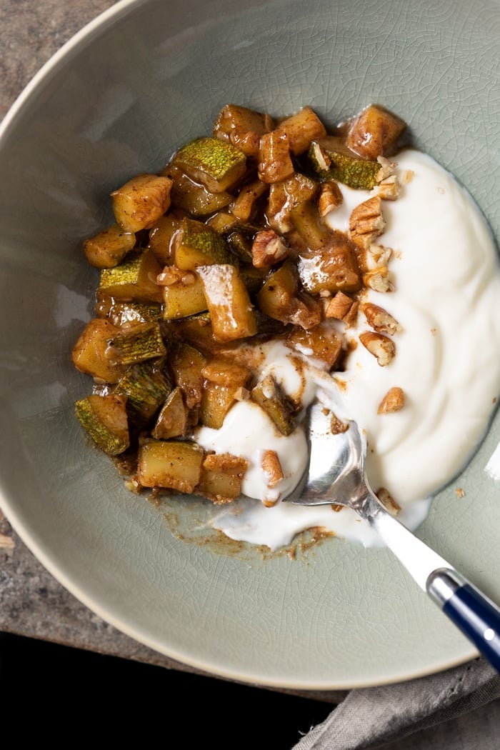 A bowl of keto apple zucchini with yogurt