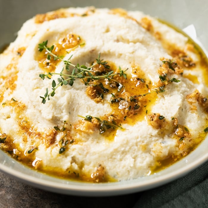 Keto mashed cauliflower with browned butter and thyme