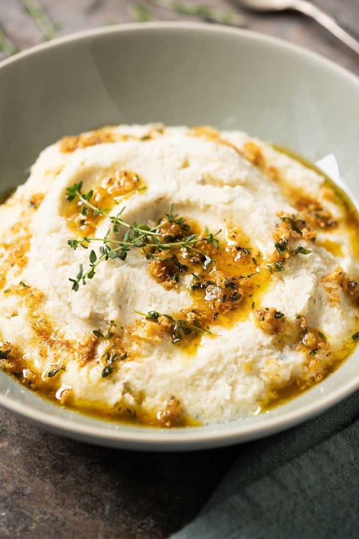 Keto mashed cauliflower with browned butter and thyme