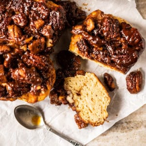 Gluten free & keto pecan sticky buns on a marble surface