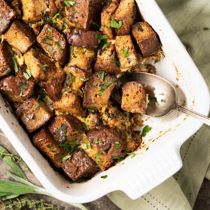 Keto Stuffing (i.e. Dressing) with a serving spoon
