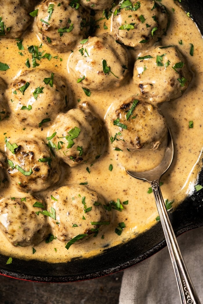 Keto Swedish meatballs in a skillet