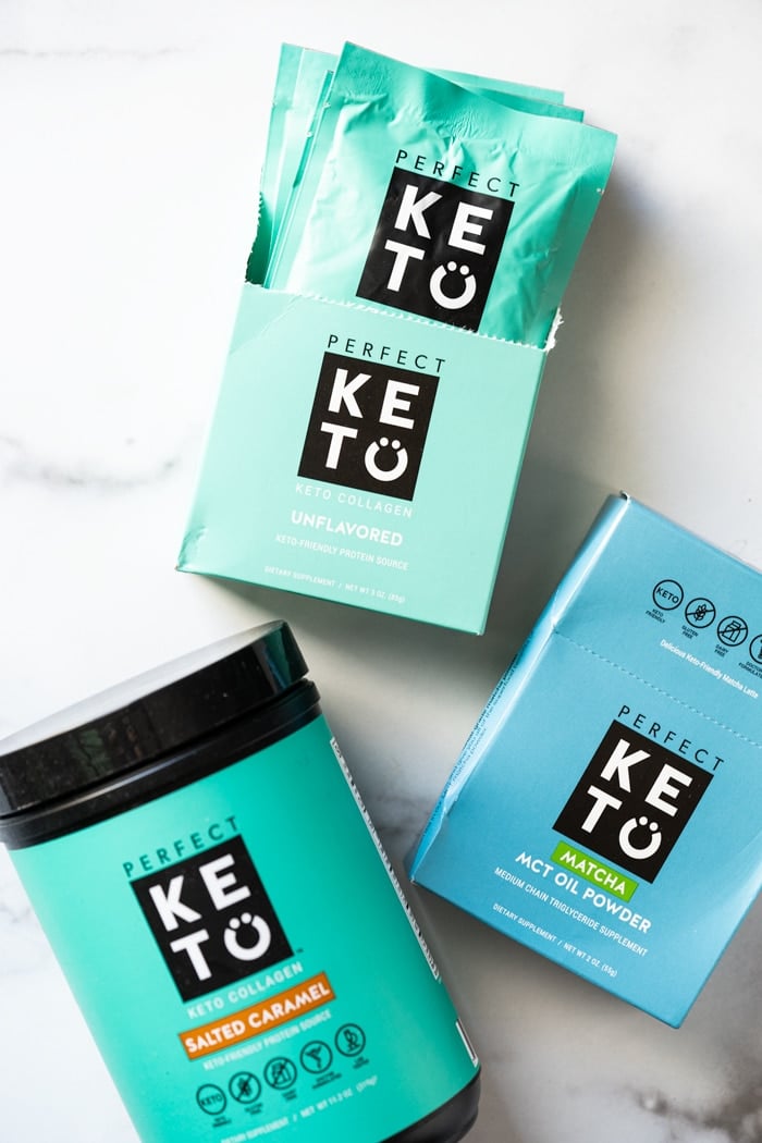 Perfect Keto collagen packets and caramel flavor