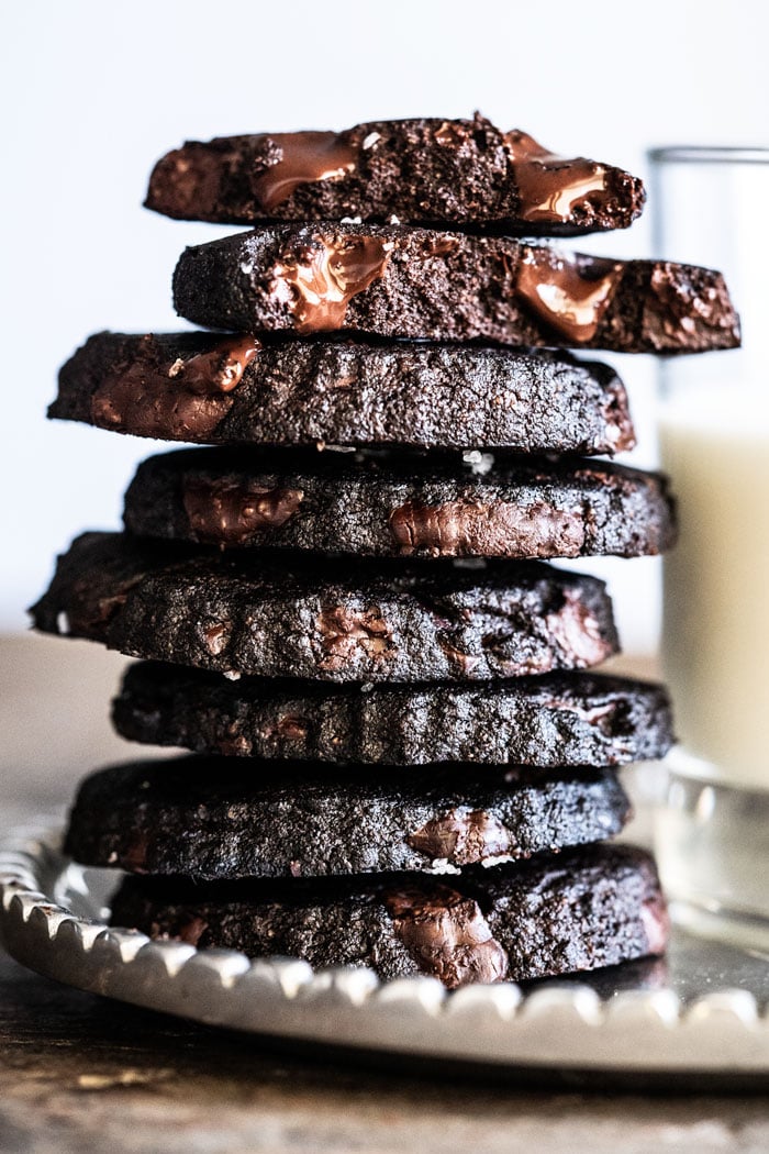 Keto chocolate shortbread cookies piled up