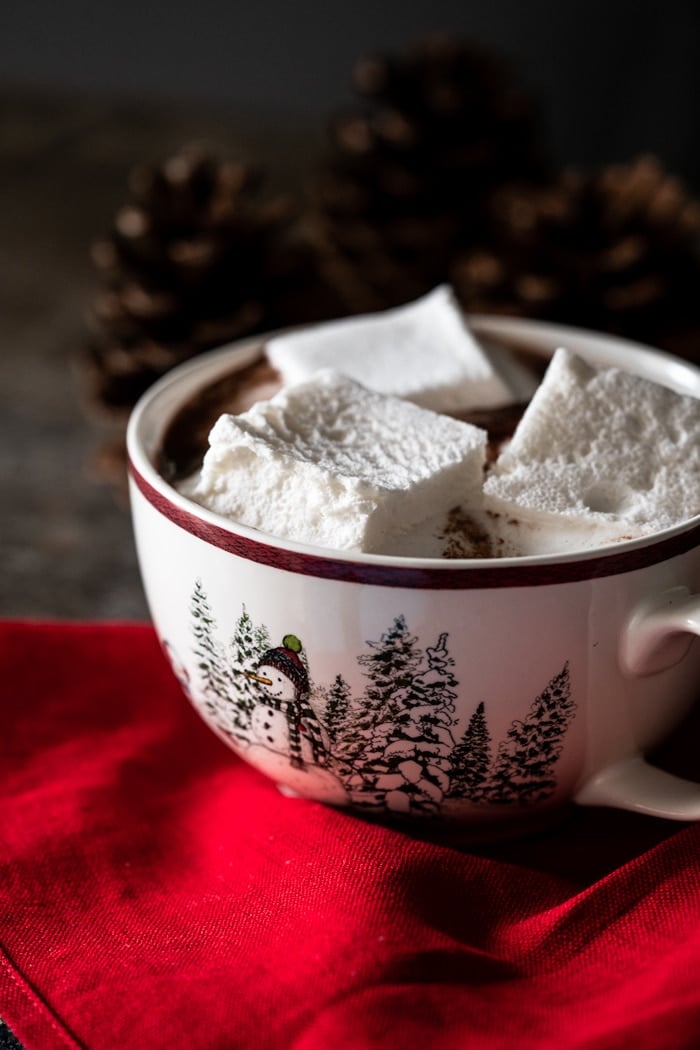 Keto hot chocolate with marshmallows in a snowman mug