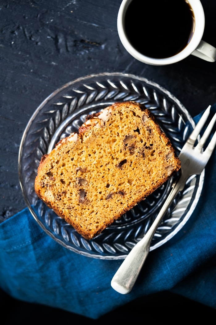 A slice of keto 'banana' bread with coffee