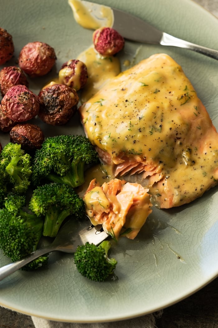 Keto Honey Mustard Salmon with broccoli and radishes