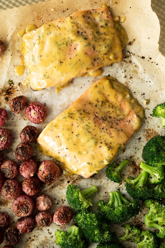 Keto Honey Mustard Salmon on a sheet pan