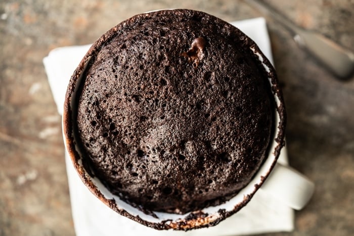 Freshly microwaved Keto chocolate mug cake