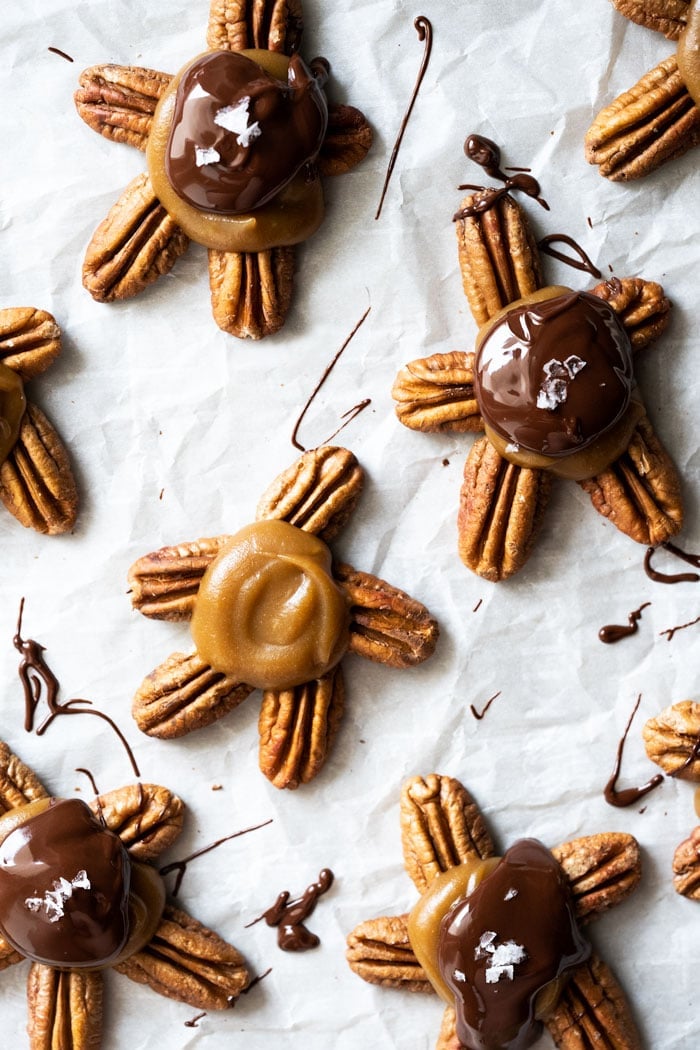 Pecan keto turtle candy with salted caramel