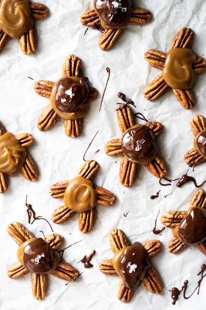 Keto turtle candies topped with flaky sea salt