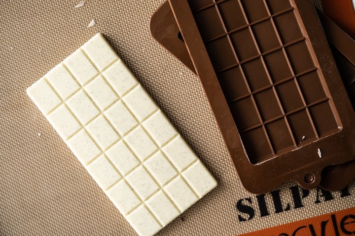 Freshly unmoulded keto white chocolate
