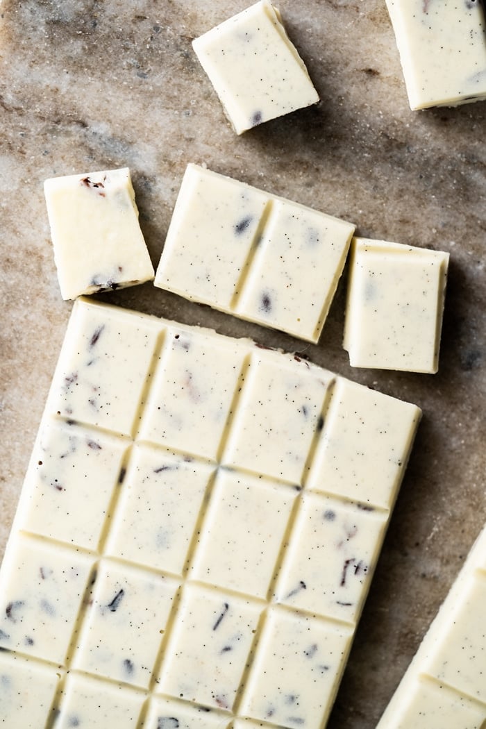 Keto white chocolate with cacao nibs