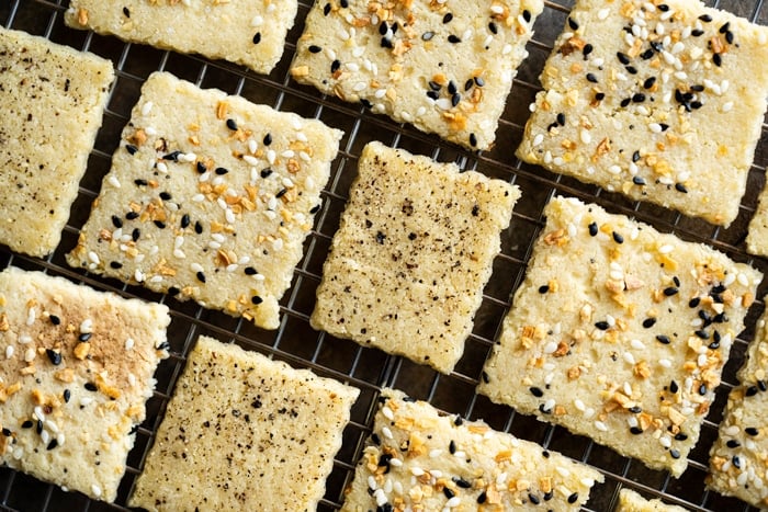 Keto crackers cooling on a rack