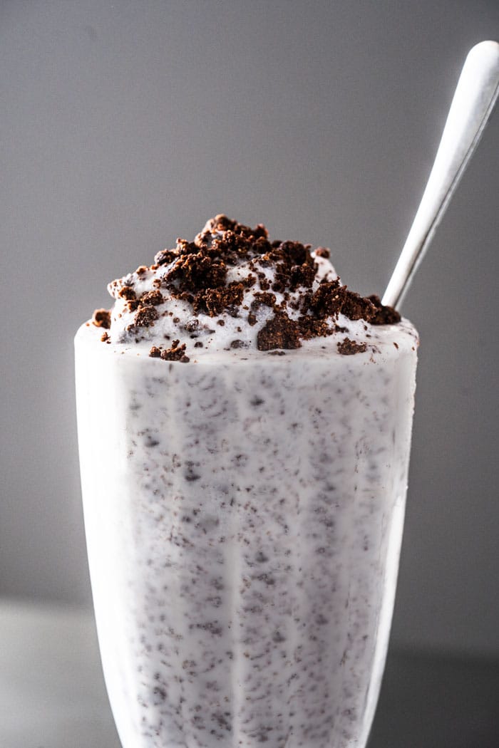 Keto cookies cream milkshake with extra 'Oreo crumbs' on top