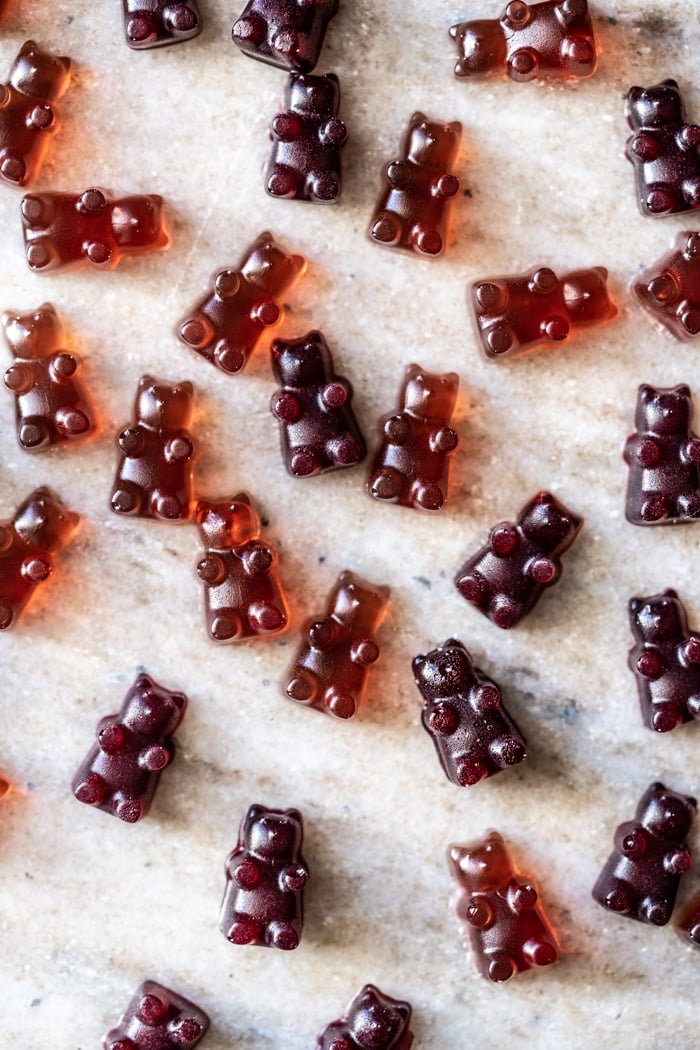 Overhead shot of keto gummies on marble