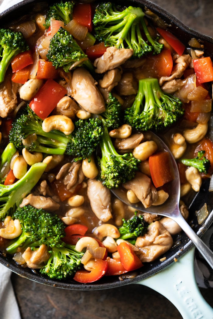 Freshly made keto cashew chicken in a skillet