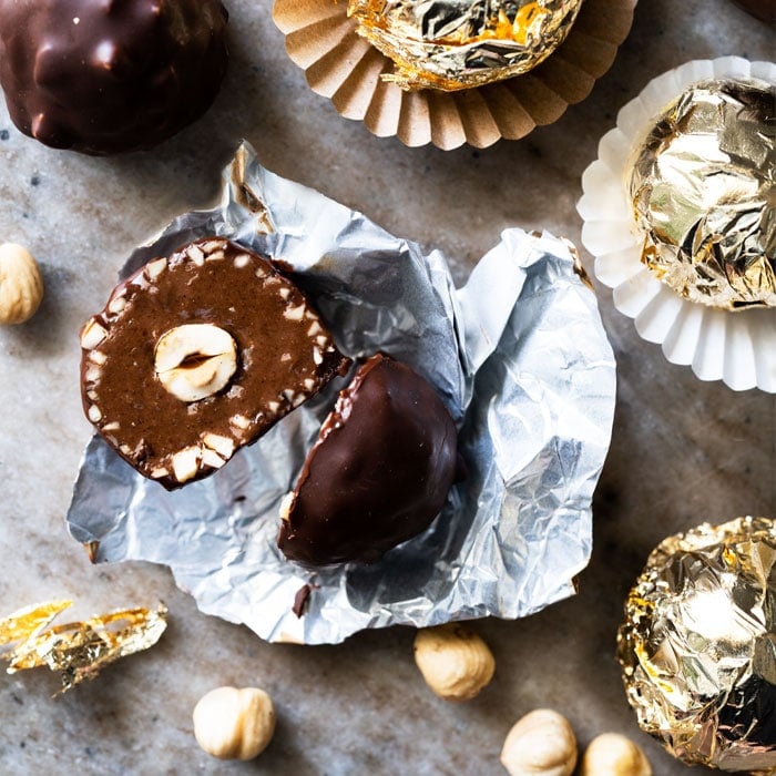 Halved homemade keto Ferrero Rocher
