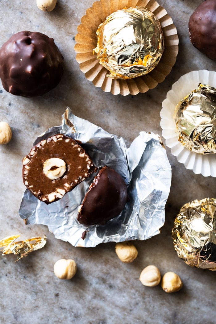 Halved homemade keto Ferrero Rocher