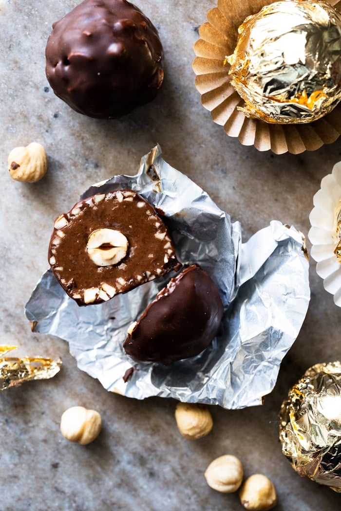 Halved homemade keto Ferrero Rocher