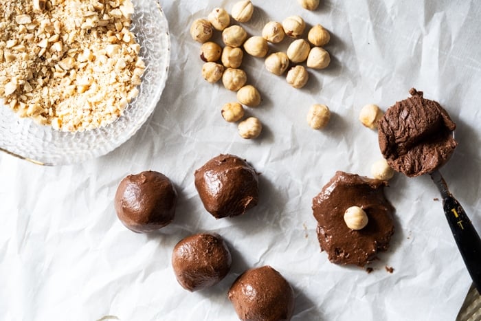 Overhead shot of assembling the keto Ferrero Rocher