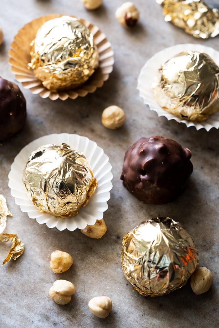 Homemade paleo & keto Ferrero Rocher wrapped in gold foil