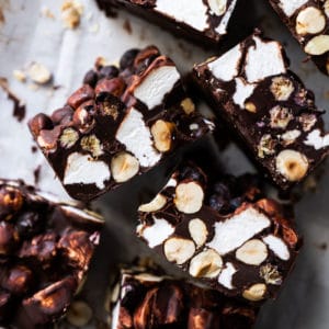 Freshly cut keto rocky road with marshmallows and hazelnuts