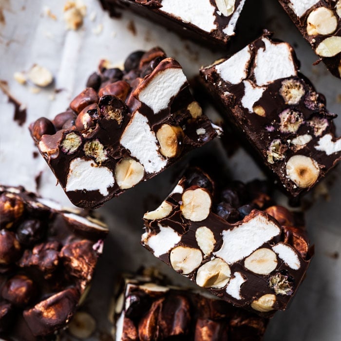 Freshly cut keto rocky road with marshmallows and hazelnuts
