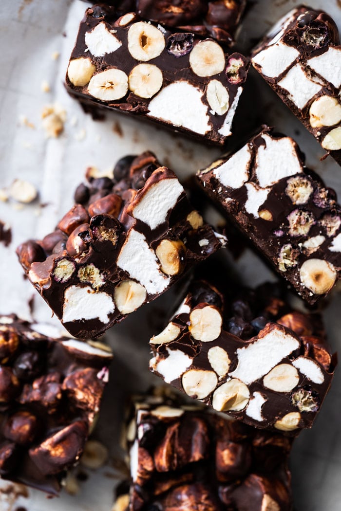 Freshly cut keto rocky road with marshmallows and hazelnuts