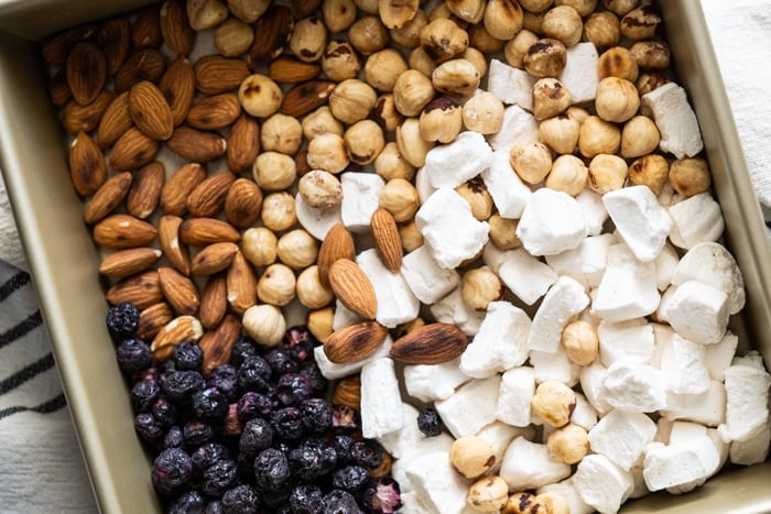 Keto marshmallows, hazelnuts, almonds and dried blueberries for low carb rocky road