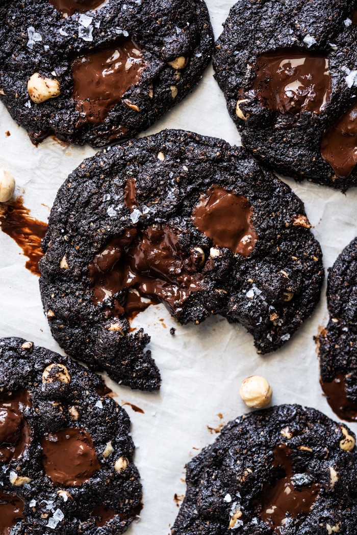 Keto chocolate cookie with melted chocolate chunks