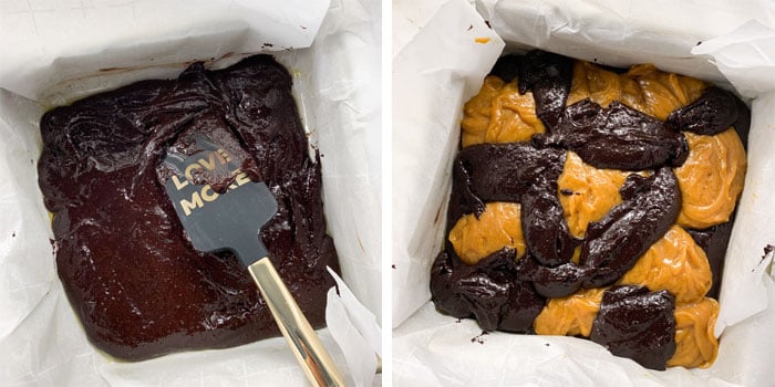 Adding the peanut butter swirls to the keto brownie batter 