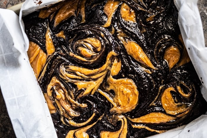 Keto peanut butter brownie swirled batter