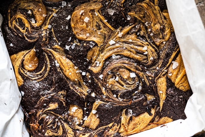 Freshly baked keto peanut butter brownies with flaky sea salt