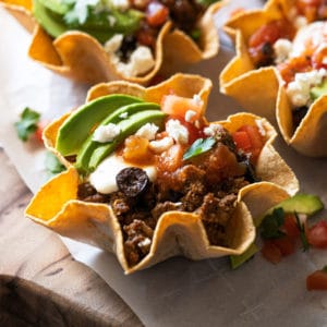 Keto taco bowls with crisp low carb tortilla cups
