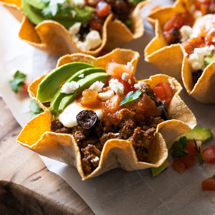Keto taco bowls with crisp low carb tortilla cups