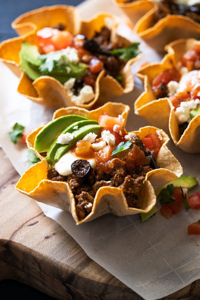 Keto taco bowls with crisp low carb tortilla cups