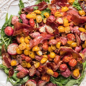 Mediterranean keto potato salad on a white serving platter