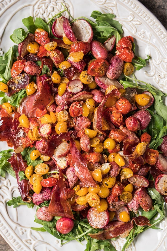 Keto fauxtato summer salad with heirloom tomatoes and radishes