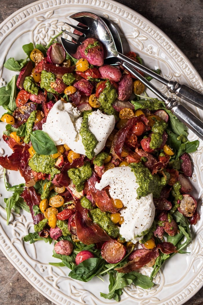 Mediterranean keto potato salad on a white serving platter