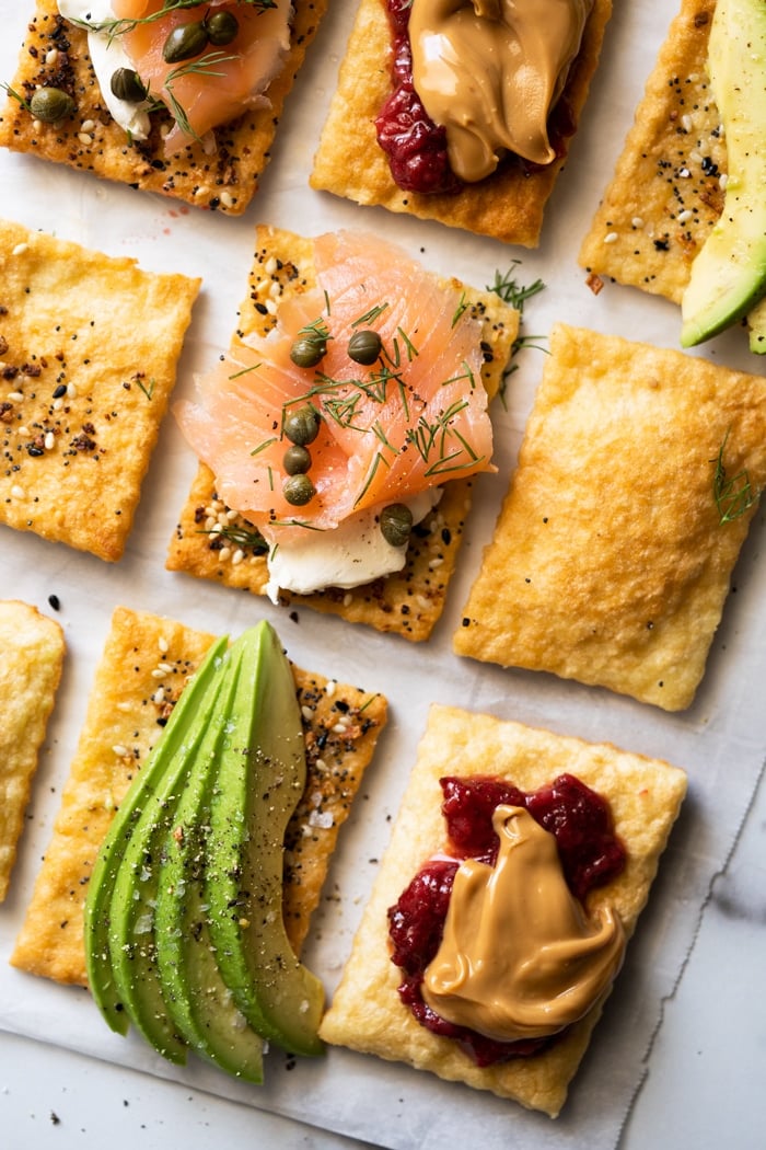 Keto flatbreads with various sweet and savory toppings 