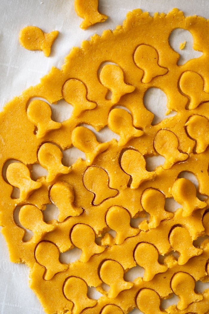 Keto cheese cracker dough with goldfish cutouts