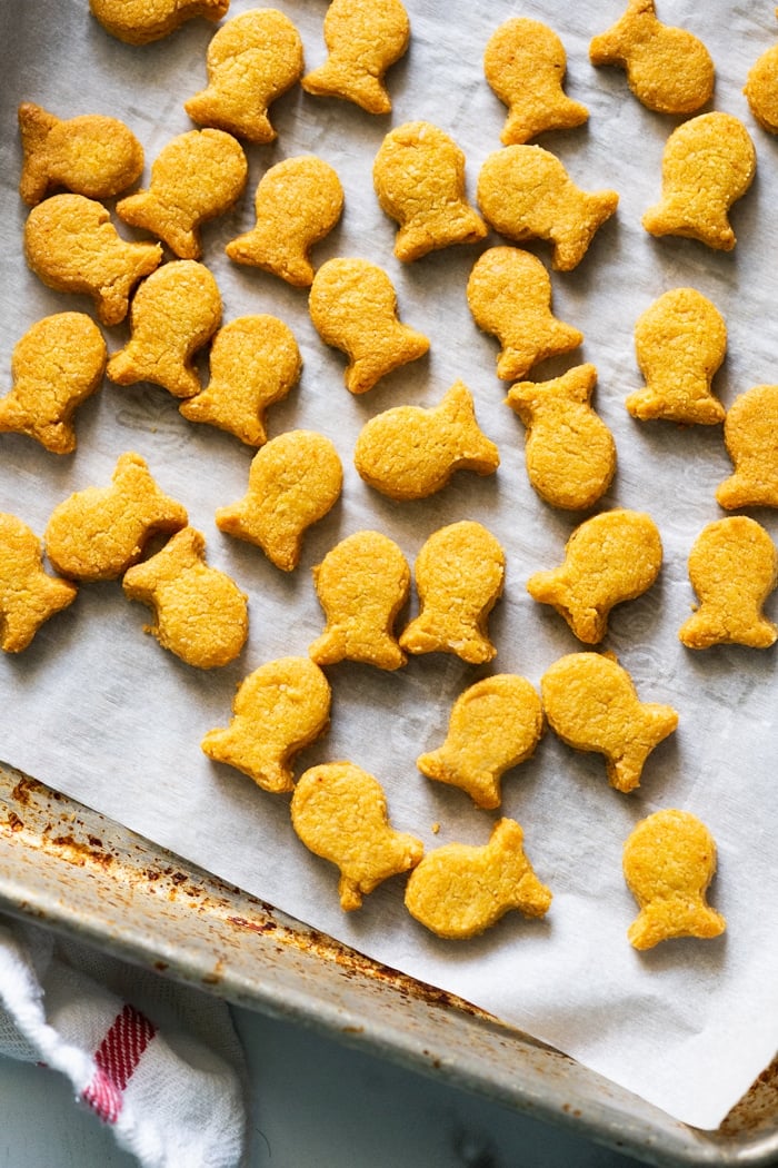 Keto goldfish crackers on a baking tray