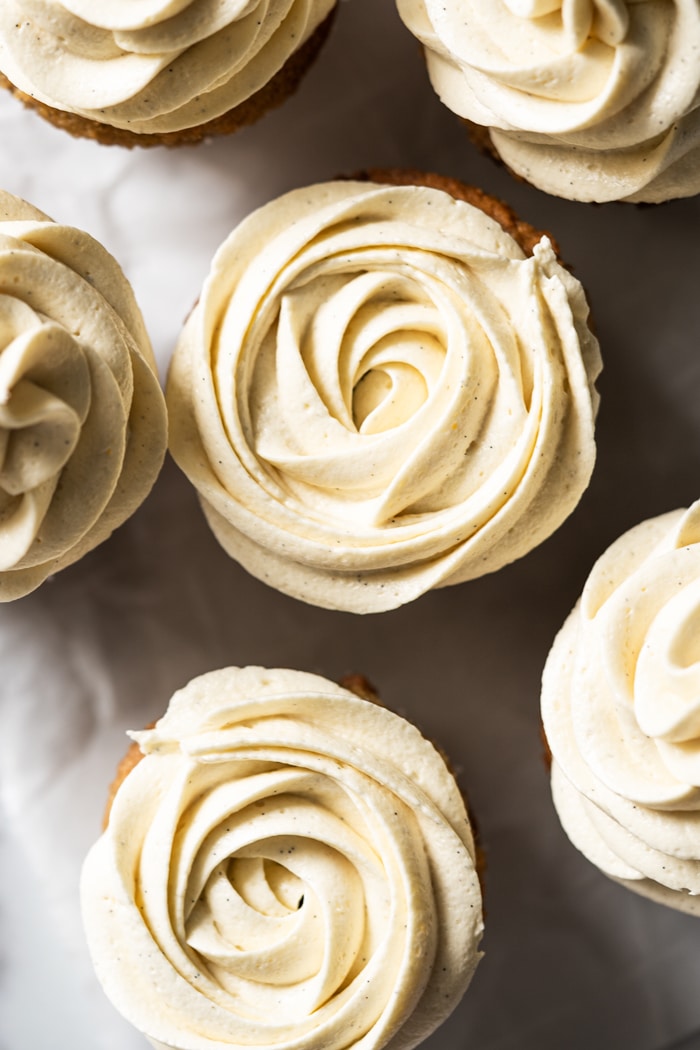 Closeup Keto vanilla buttercream frosting piped into rosettes
