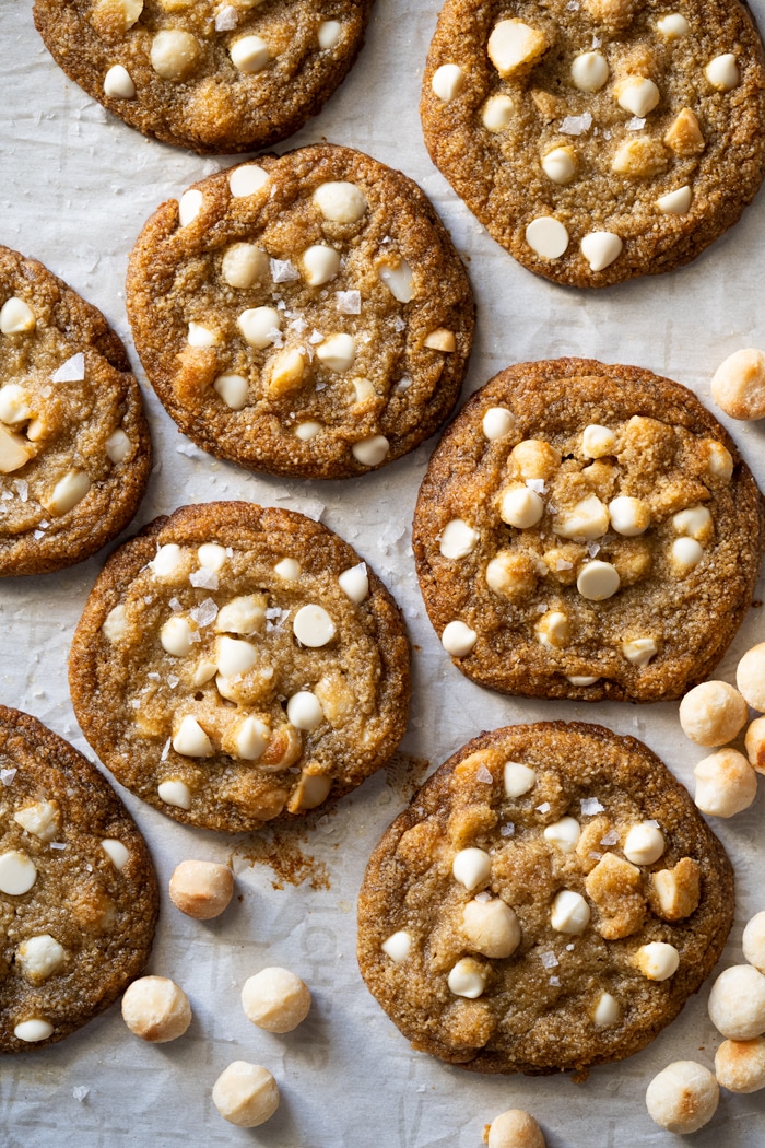 Freshly baked keto white chocolate macadamia nut cookies