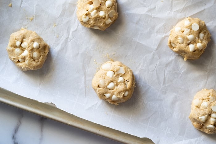 Keto cookie dough with white chocolate chips and macadamia nuts
