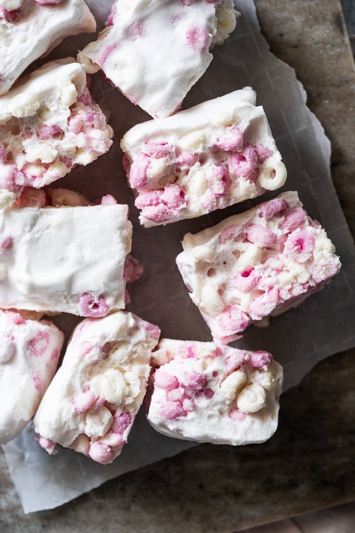 Keto Rice Krispie treats on a marble surface