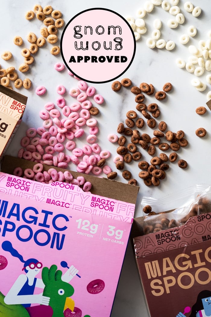 The four flavors of Magic Spoon cereal on a marble surface