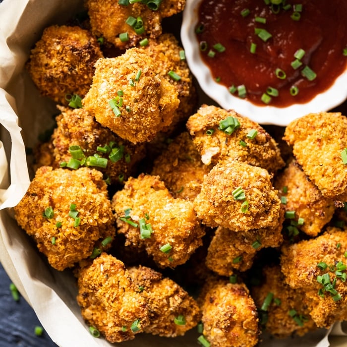 Keto chicken nuggets with sugar free ketchup and chives