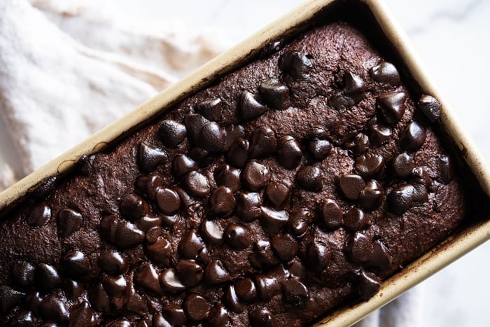 Closeup of freshly baked keto chocolate zucchini bread